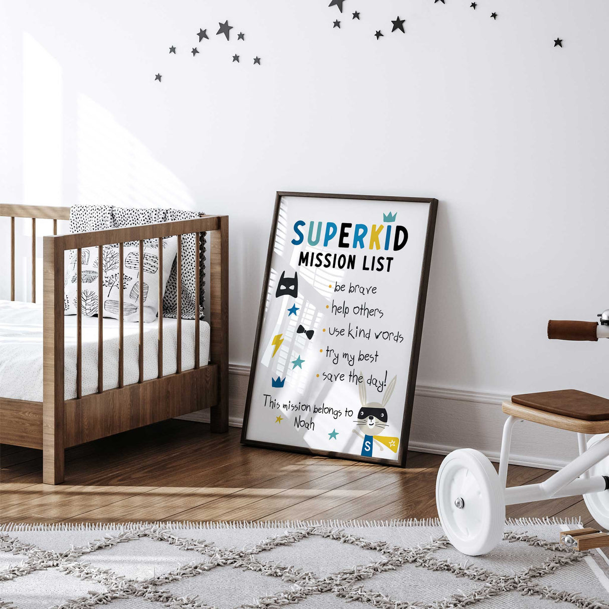 Motivational boys wall print with stars, lightning, and bunny in cape