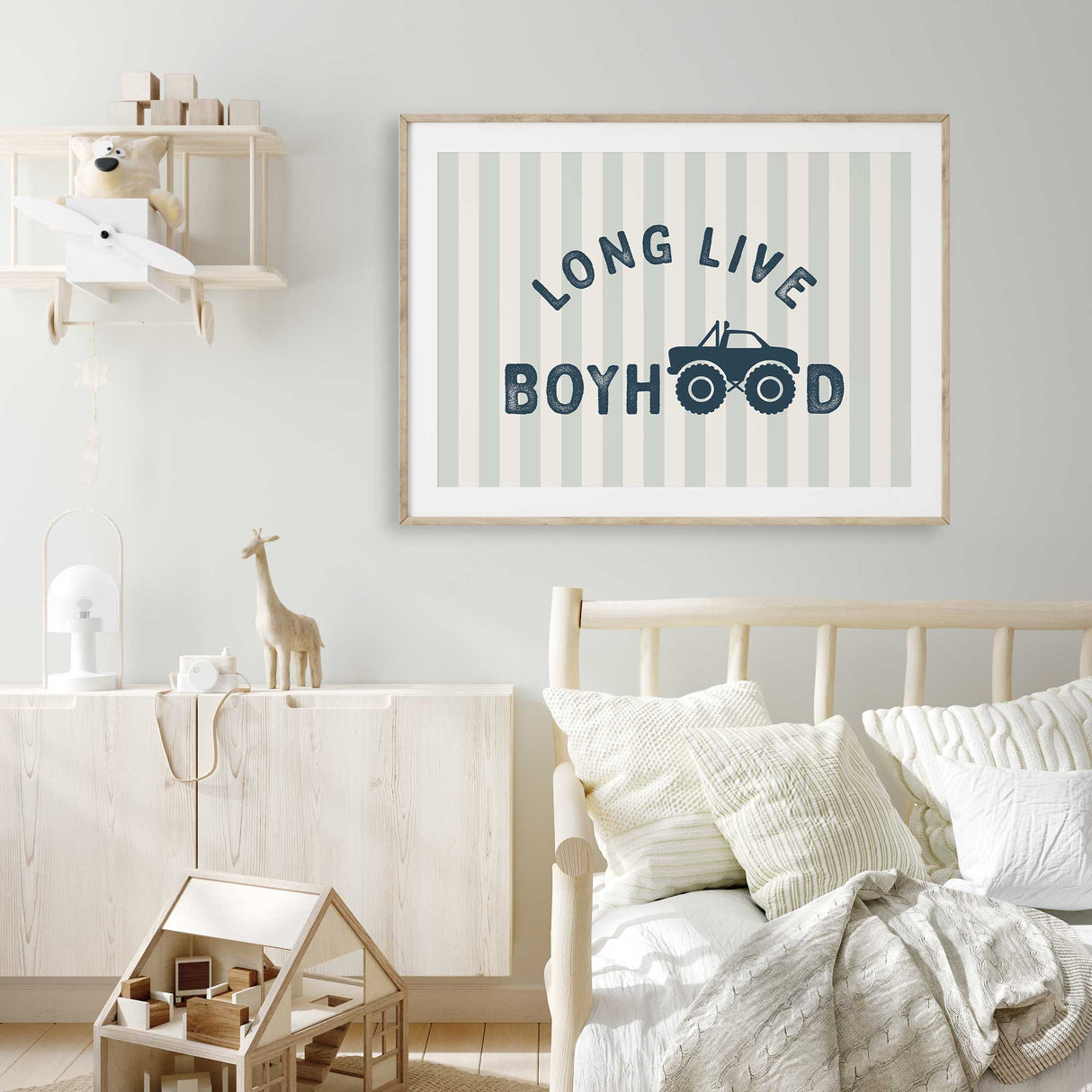 Vehicle-themed art print for boys room with framed design
