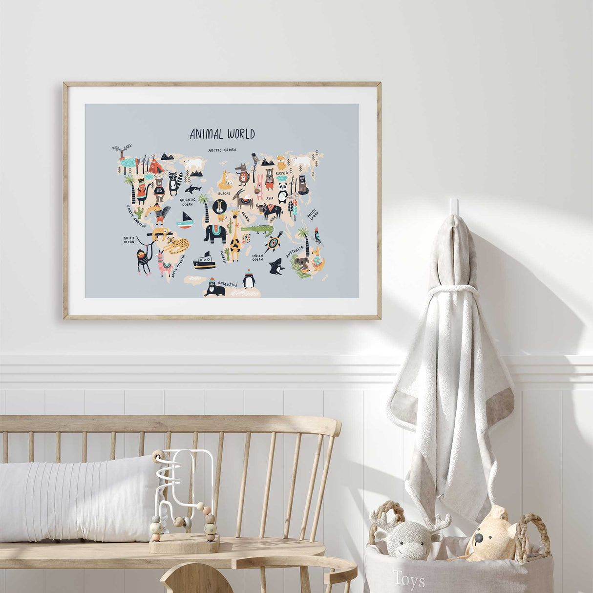 Educational kids' map print with animals, oceans, and explorer-themed designs