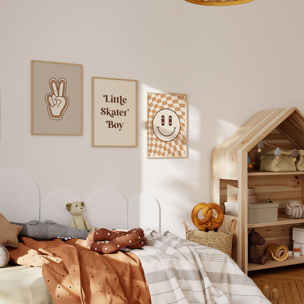 Boys skater wall art set of three prints featuring retro style smiley face peace sign and skater quote.