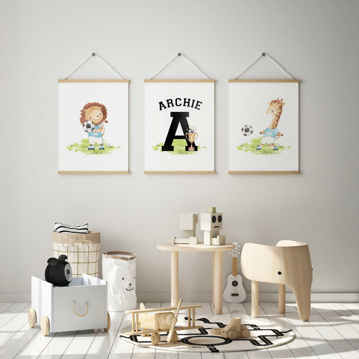 Set of 3 soccer-themed wall art prints for boys bedroom or nursery