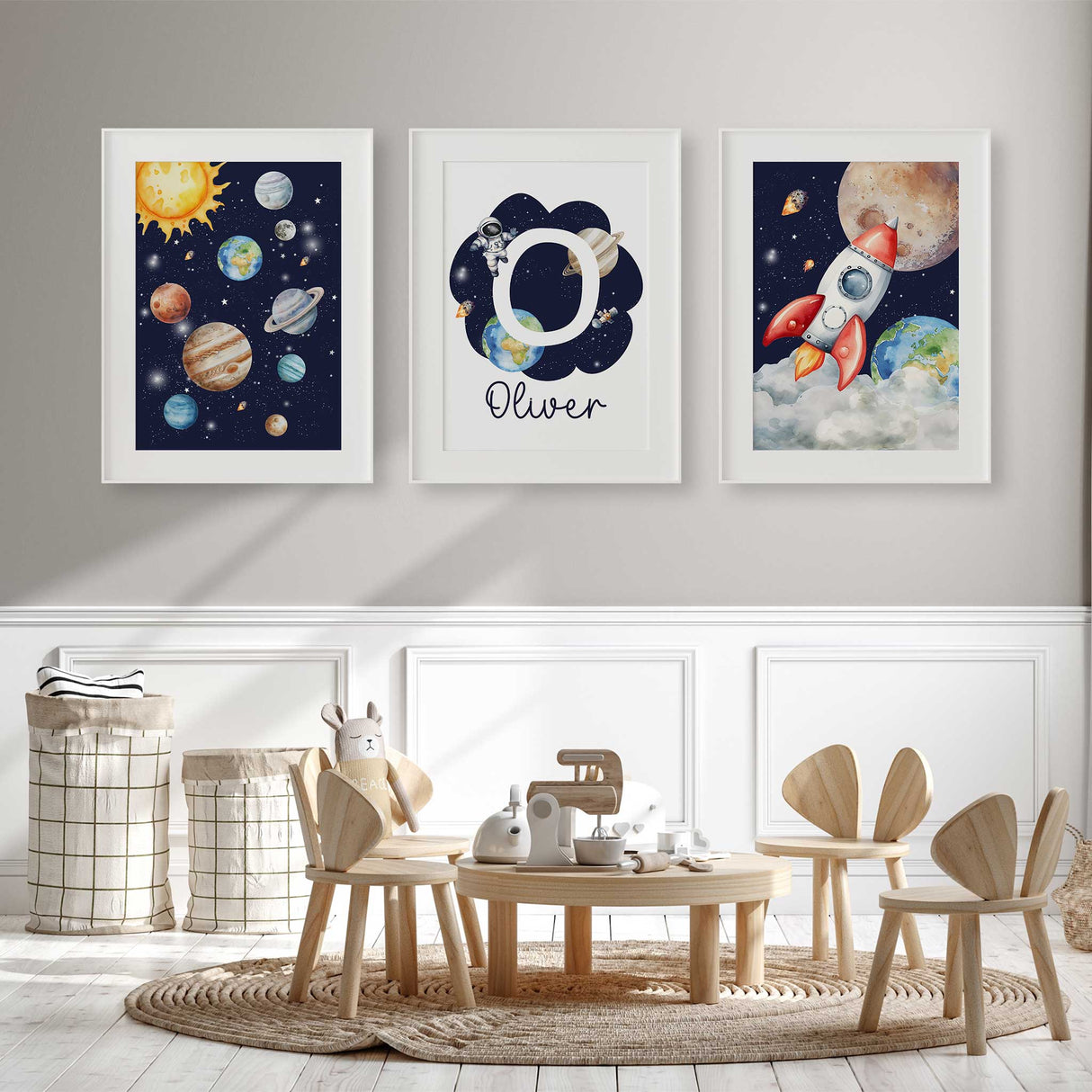 Space themed wall art set for boys bedroom or playroom