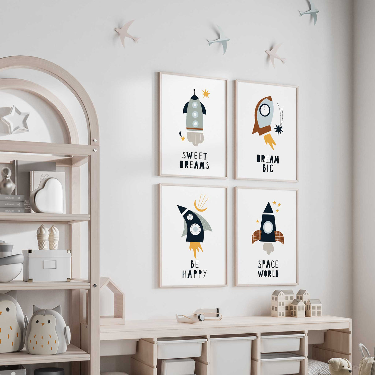 Set of 4 rocket themed nursery prints, perfect for inspiring space adventures in a child's room.