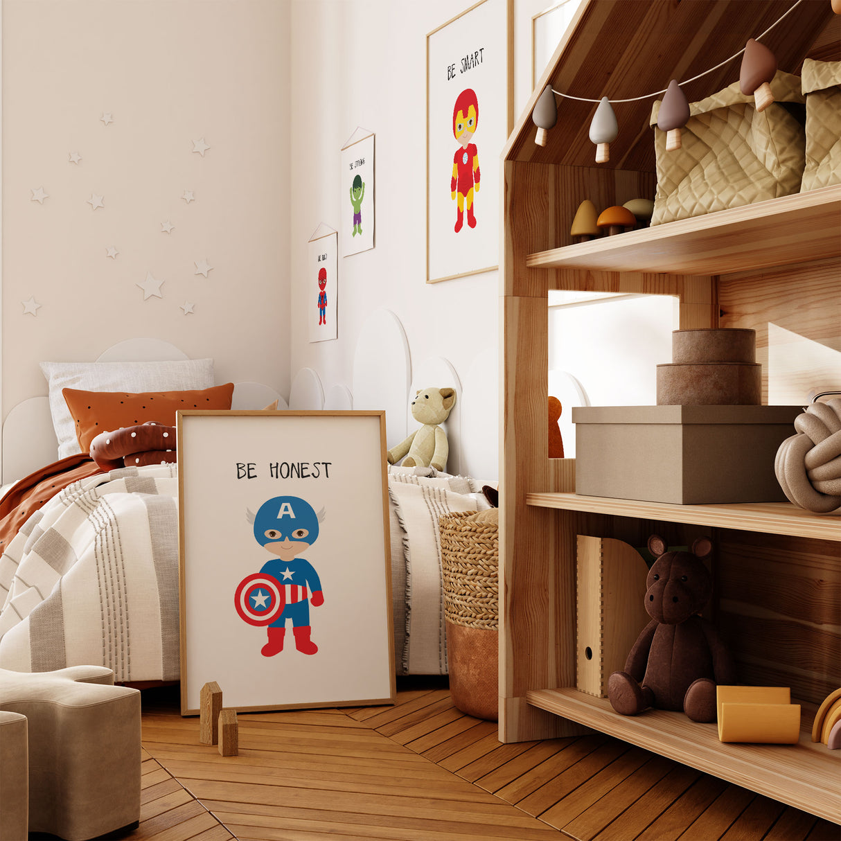 Six superhero illustration prints with phrases like Be Kind and Be Strong for a boys bedroom.