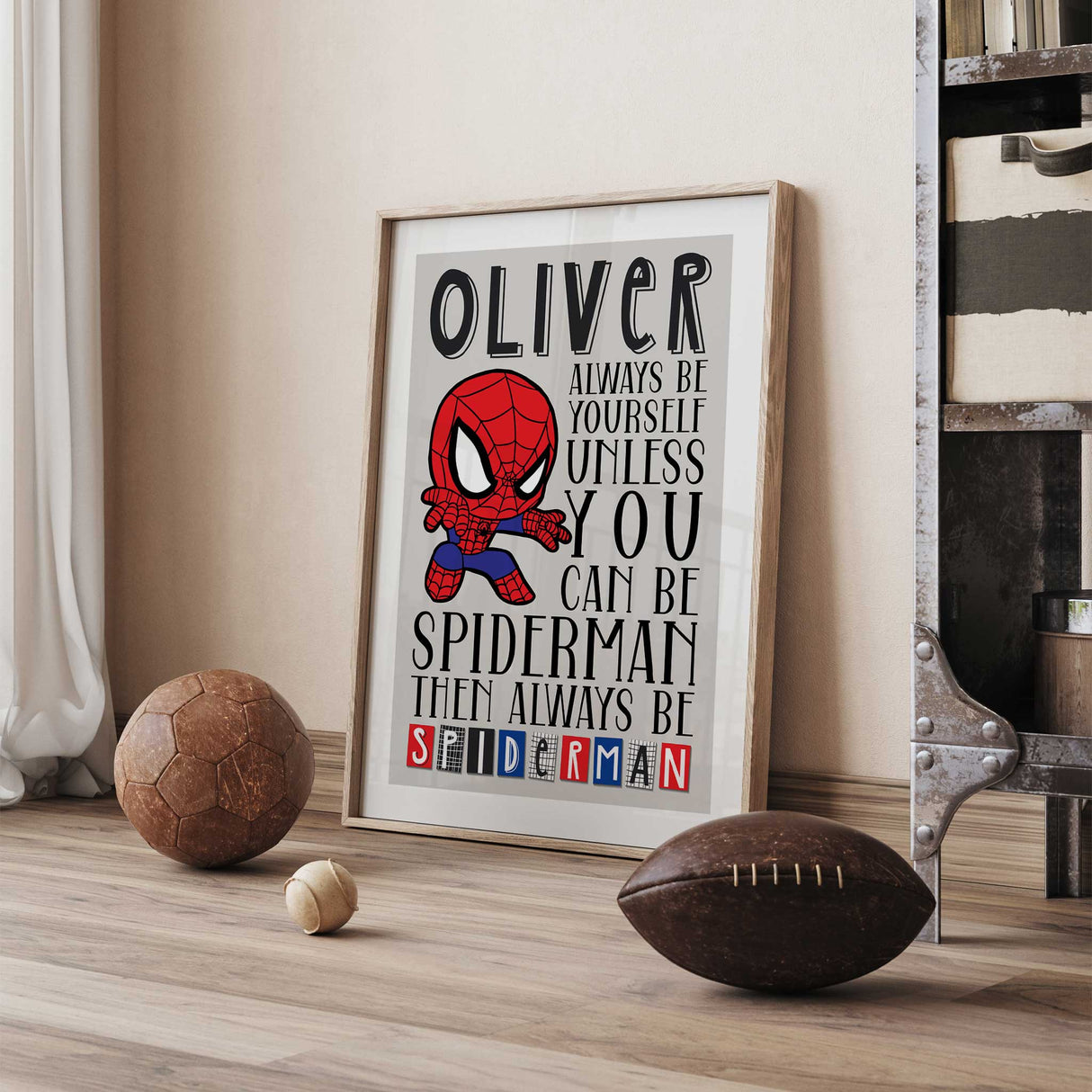 superhero quote print for boys bedroom with modern design, white border, and bold typography for kids room décor.