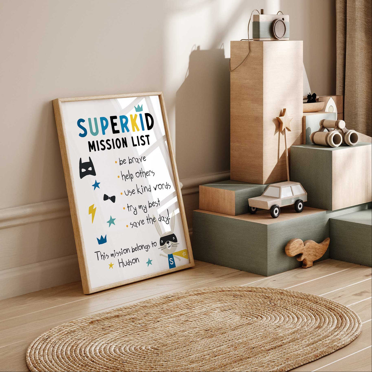 Personalised SuperKid artwork with a colourful heading, five superhero missions and the words This mission belongs to.