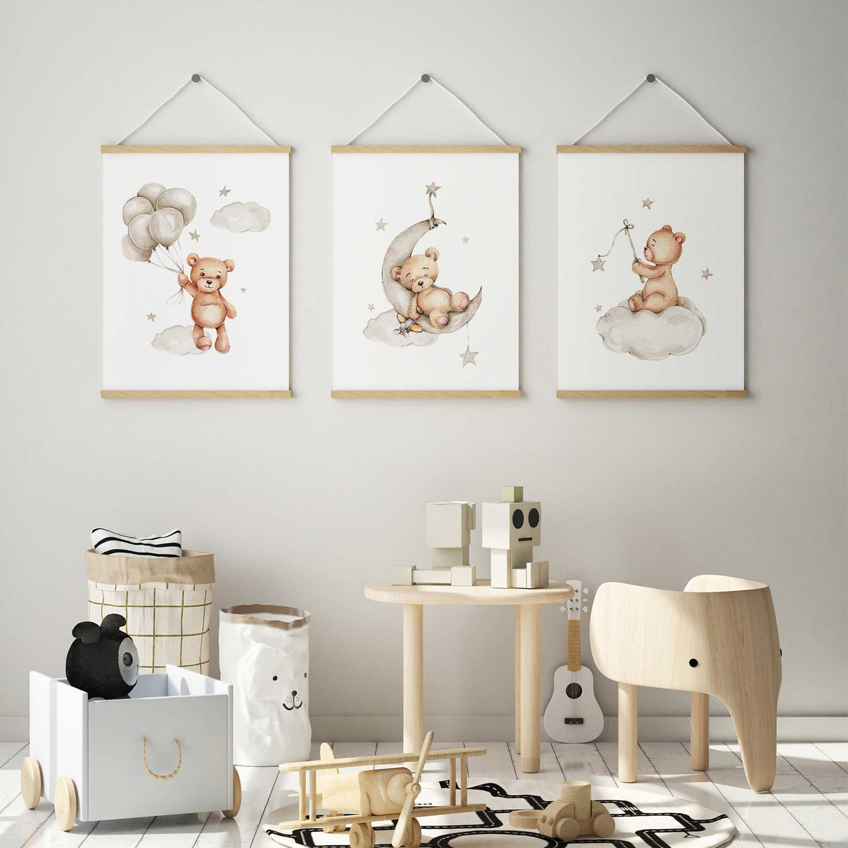 Sweet teddy bear illustrations with balloons and clouds, ideal for baby nurseries.