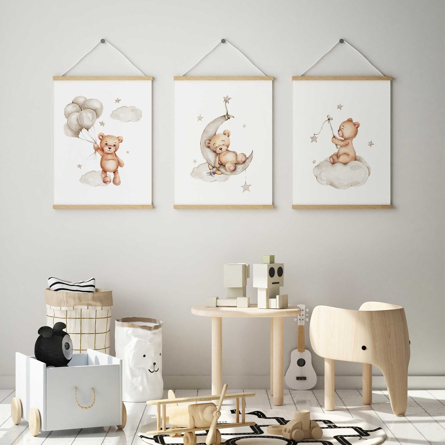 Sweet teddy bear illustrations with balloons and clouds, ideal for baby nurseries.