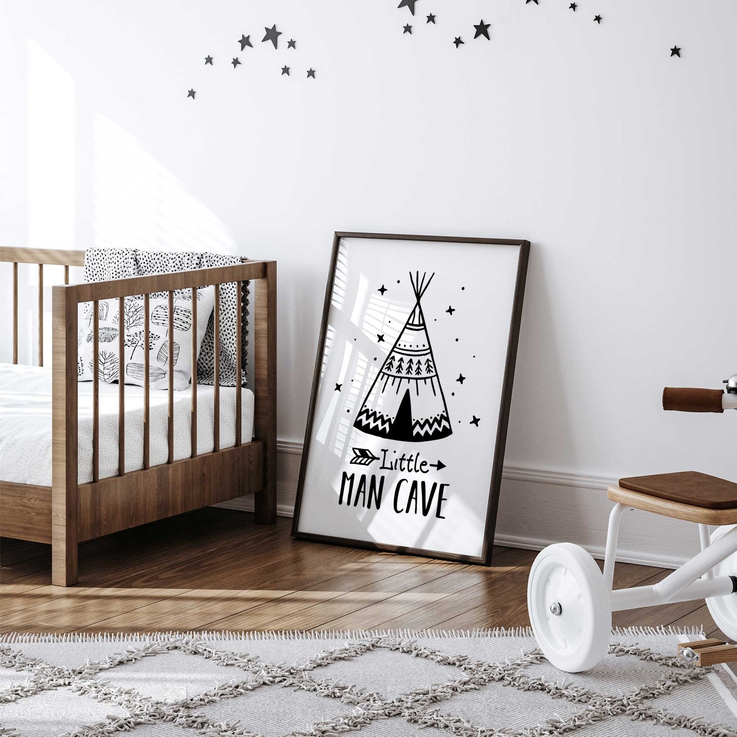 Minimalist black and white boys room print with teepee and adventure theme