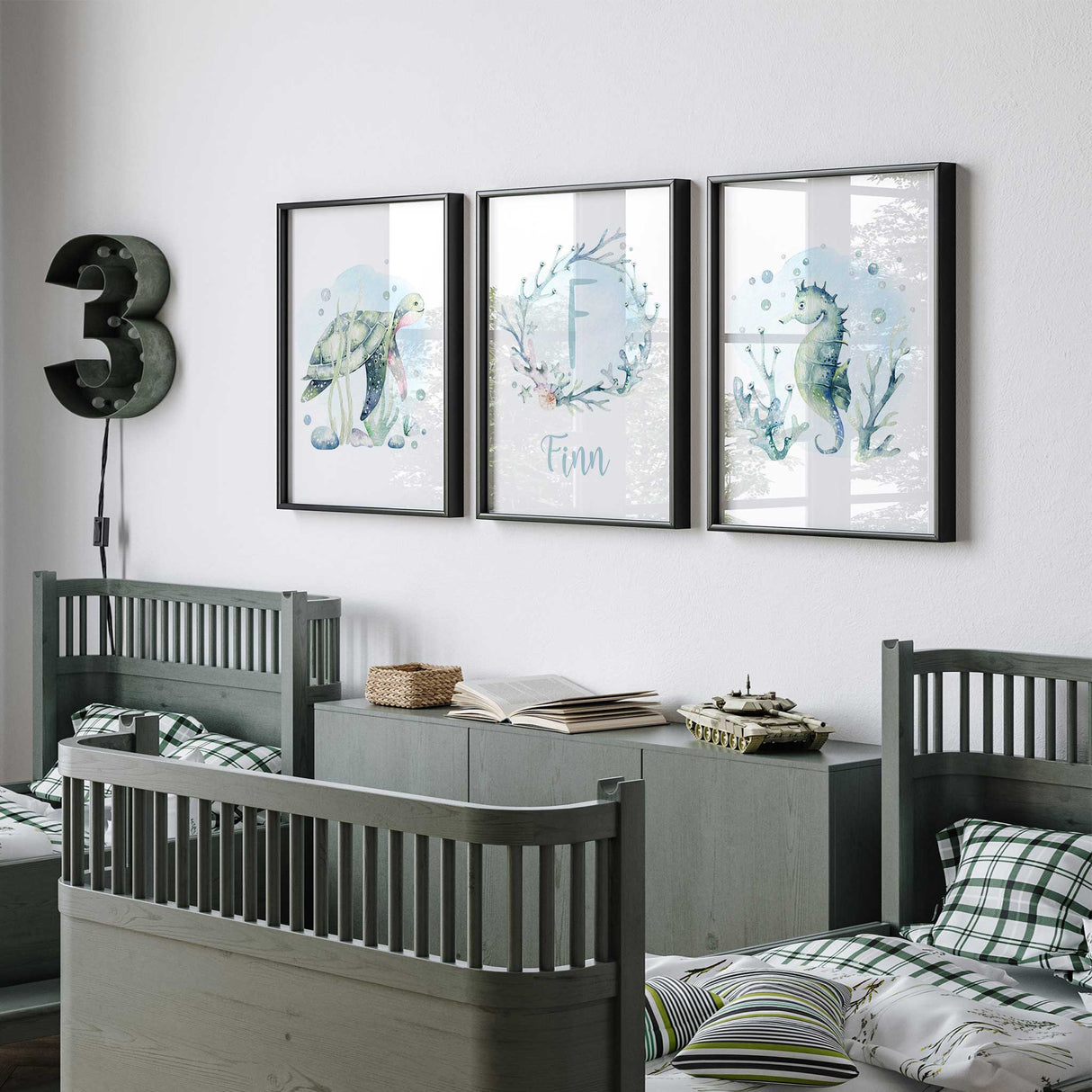 Turtle and Seahorse Wall Art Print – A delightful under-the-sea design featuring a turtle, seahorse, and other sea creatures.