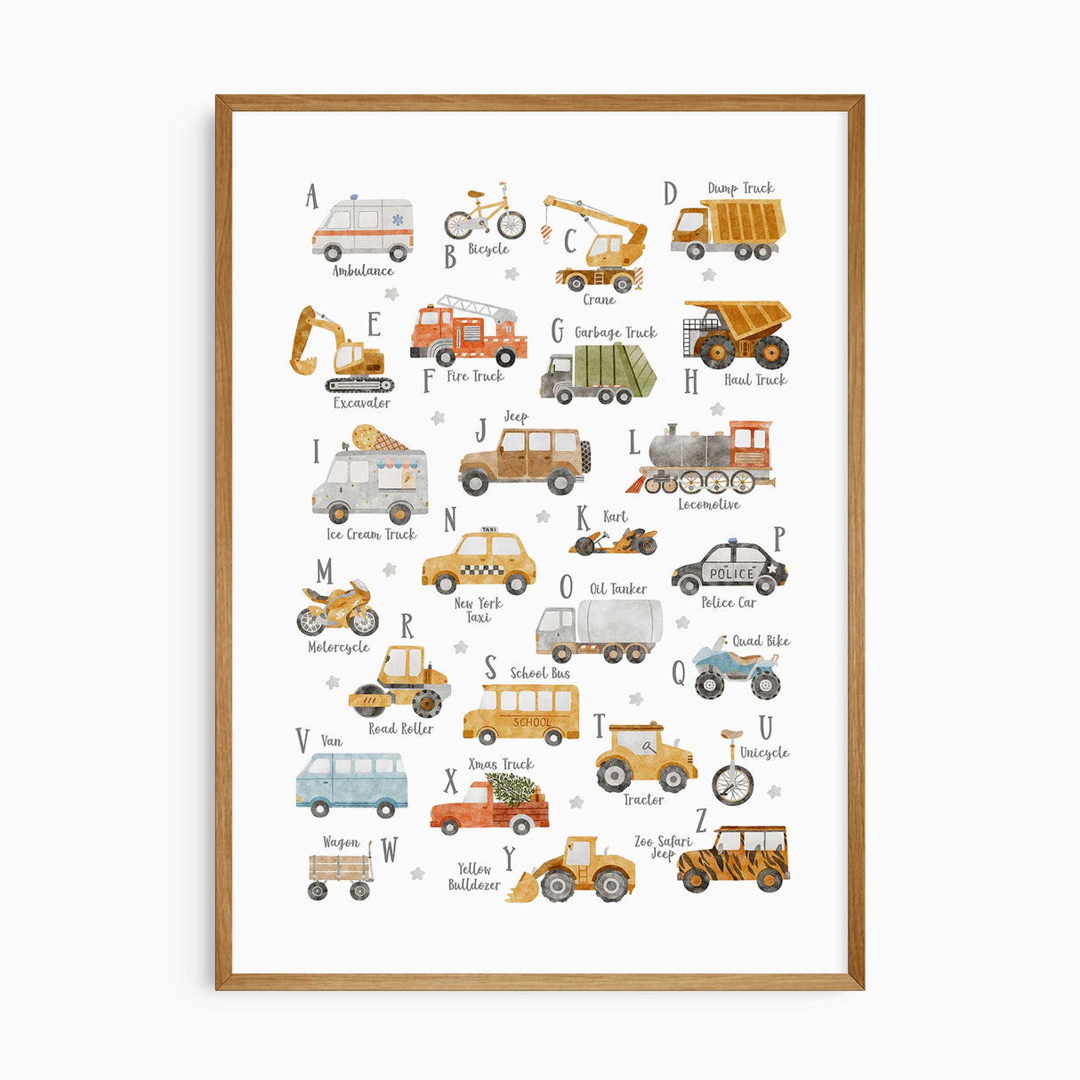 Boys vehicle alphabet print with illustrated cars trucks and transport for kids bedroom wall art.