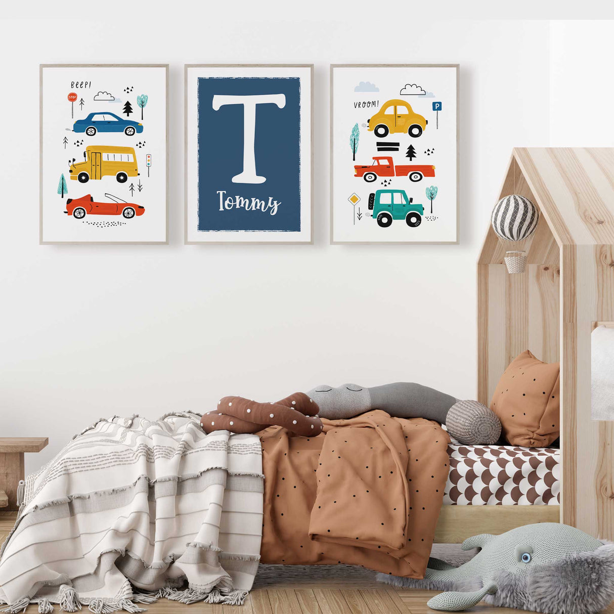 Boys vehicle wall art set with blue personalised name print