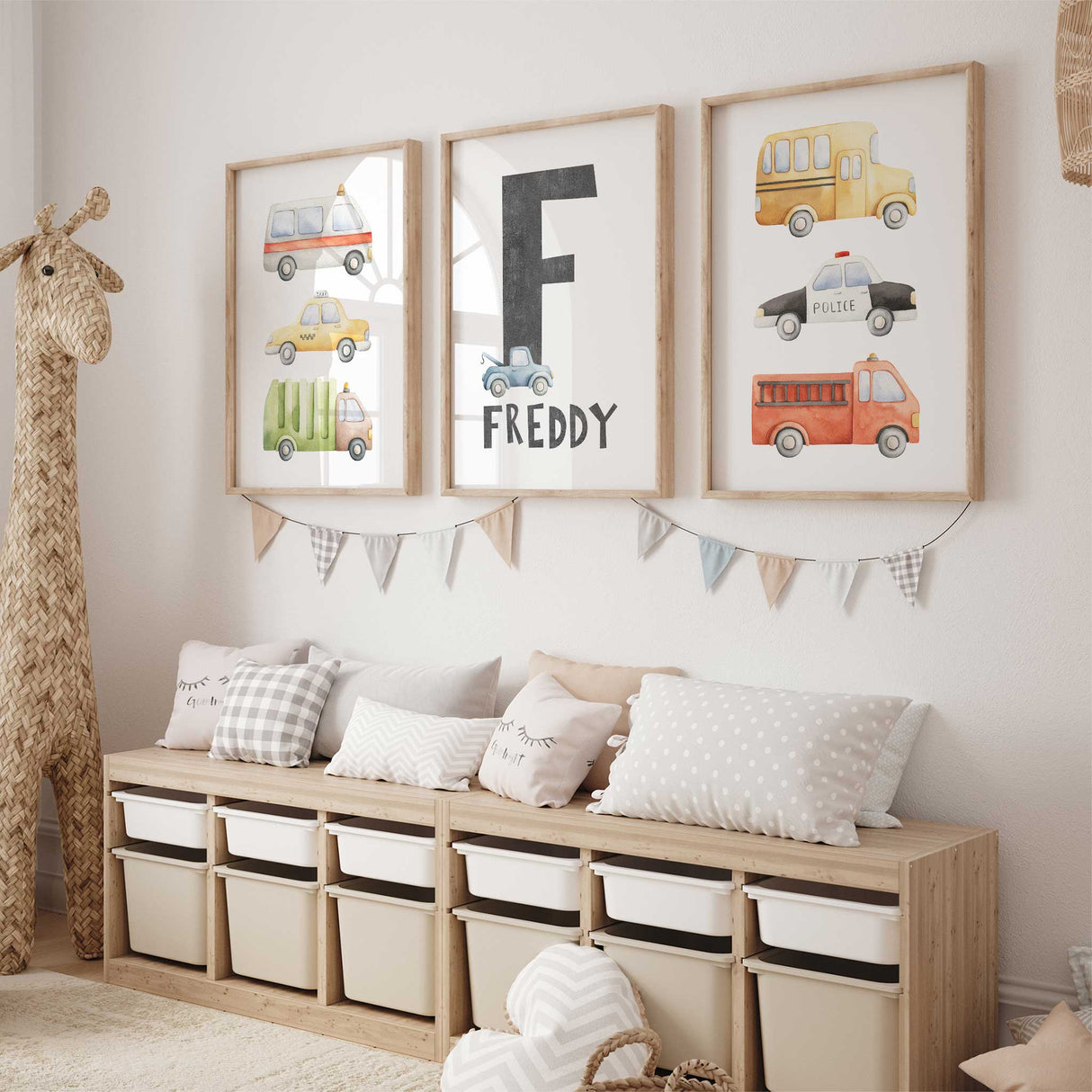 Charming vehicle nursery prints with an ambulance, taxi, garbage truck, school bus, police car, and fire truck.