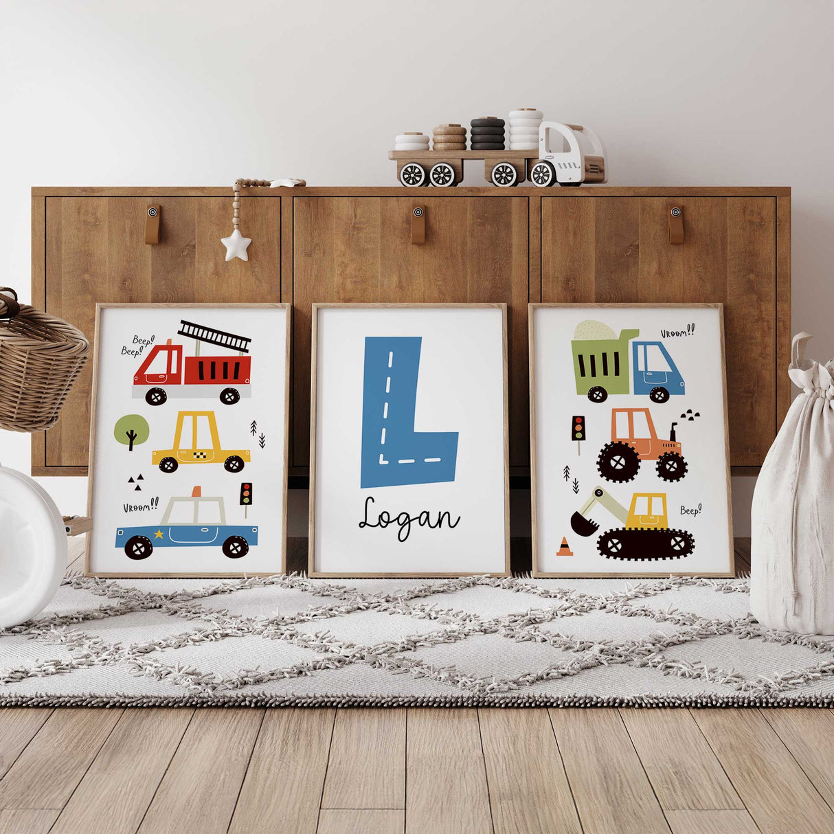 boys personalised set of 3 car prints with a collection of different veicles. Perfect for a transport nursery or toddler boy room