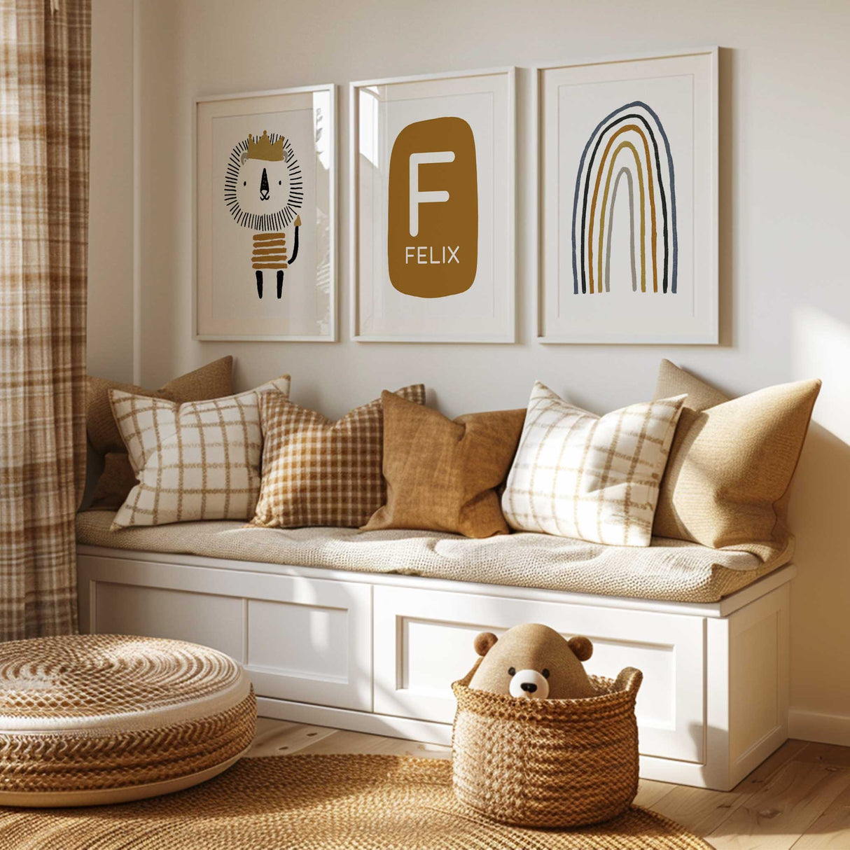 Boys nursery wall art set featuring a lion illustration, personalised name initial print, and modern rainbow artwork in warm neutral tones.