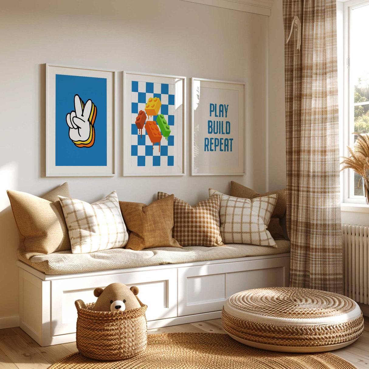 Trio of unframed prints for boys bedroom featuring building blocks and retro graphics
