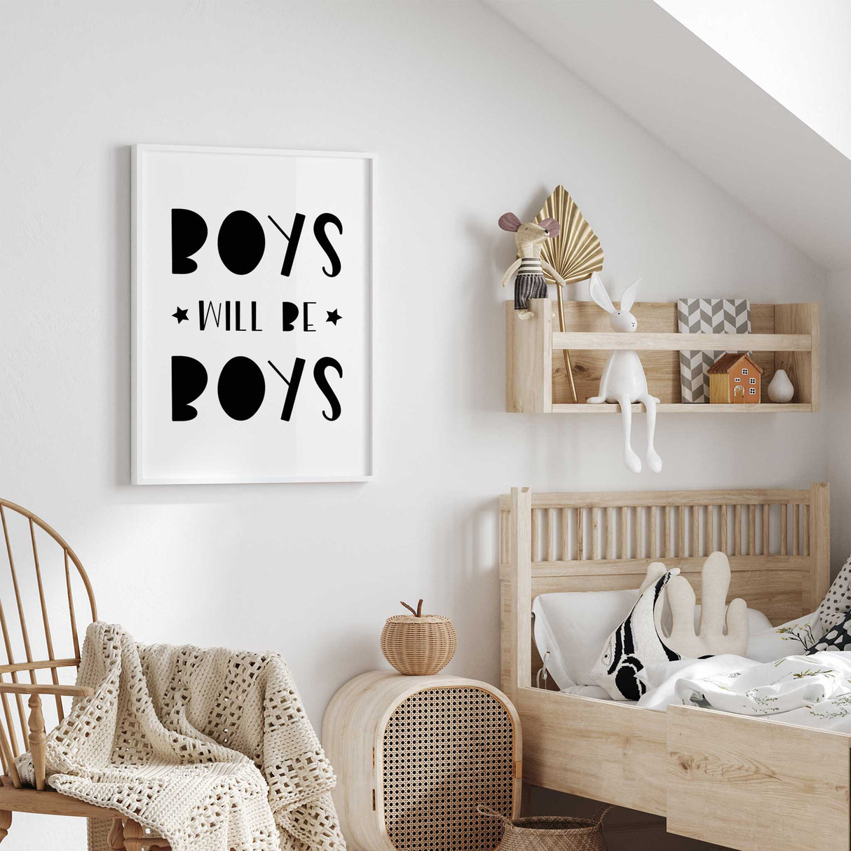 Black & white boys room wall art with boys will be boys slogan