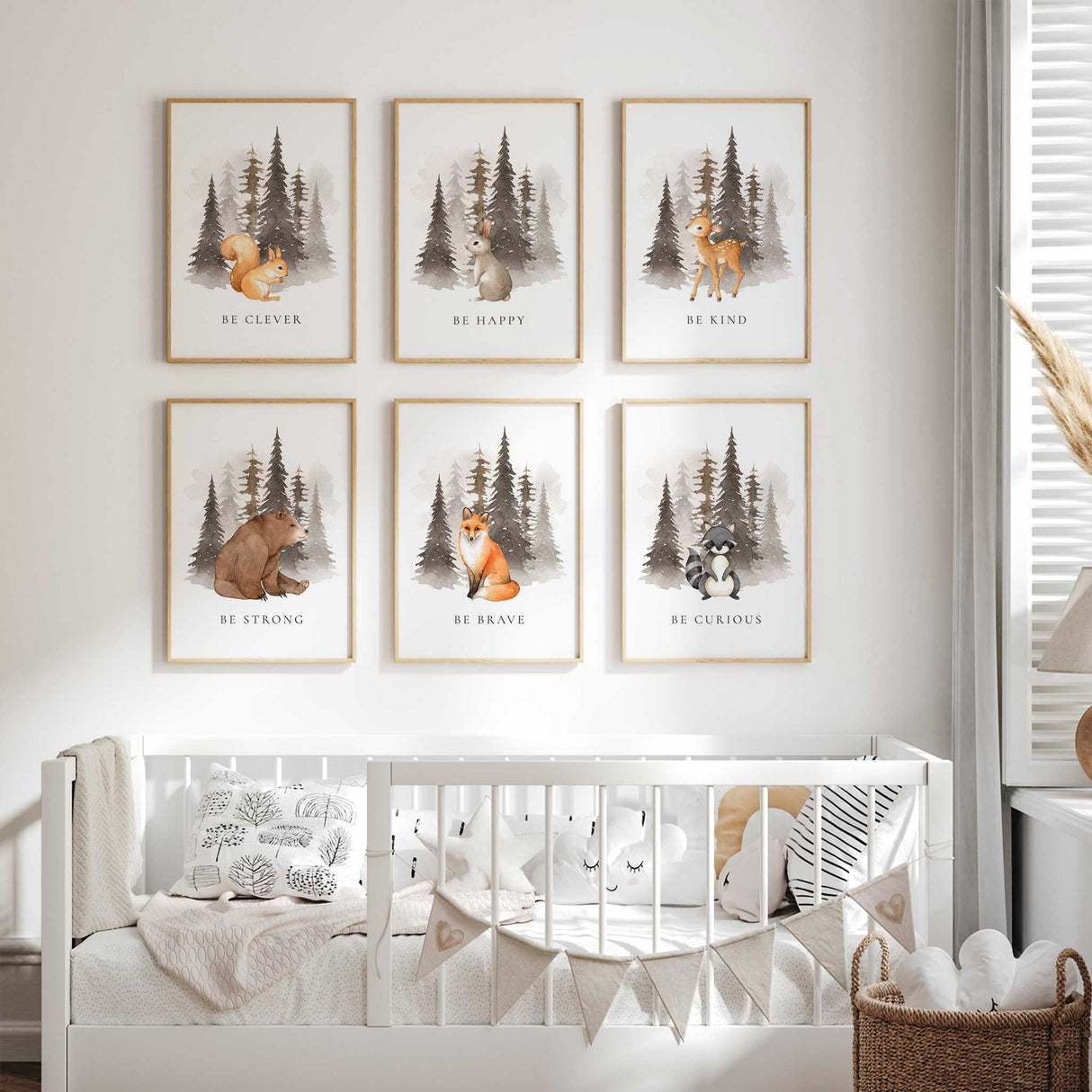 Neutral forest-themed wall art with woodland creatures