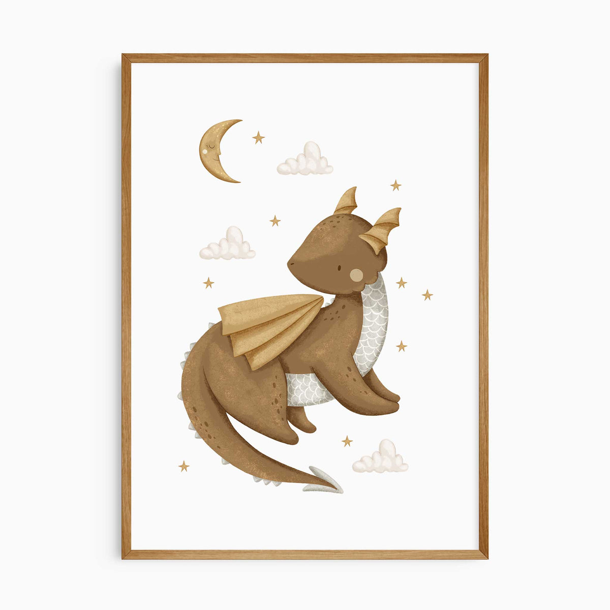 Brown baby dragon with gold wings, a crescent moon, stars and cream clouds