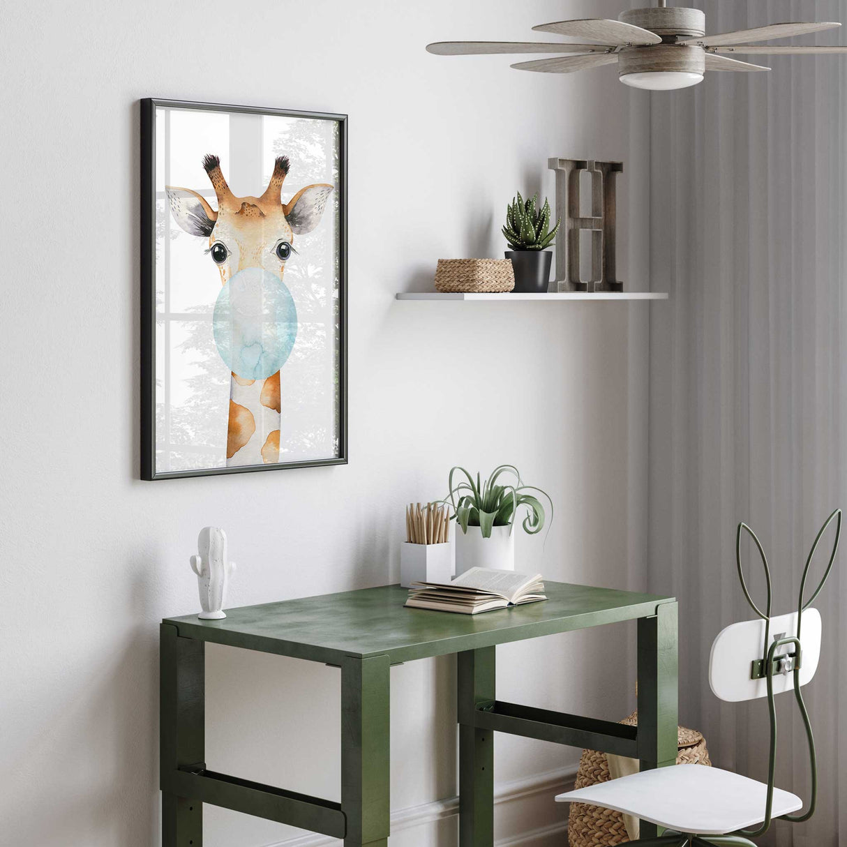 Bubblegum giraffe nursery wall art with playful safari animal illustration for boys girls and gender neutral baby rooms