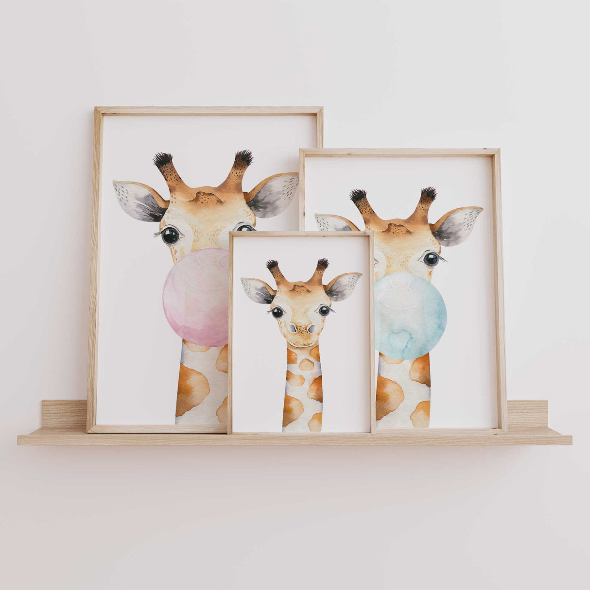 Giraffe nursery wall art print featuring a hand painted giraffe blowing bubblegum in soft neutral tones for modern nursery décor