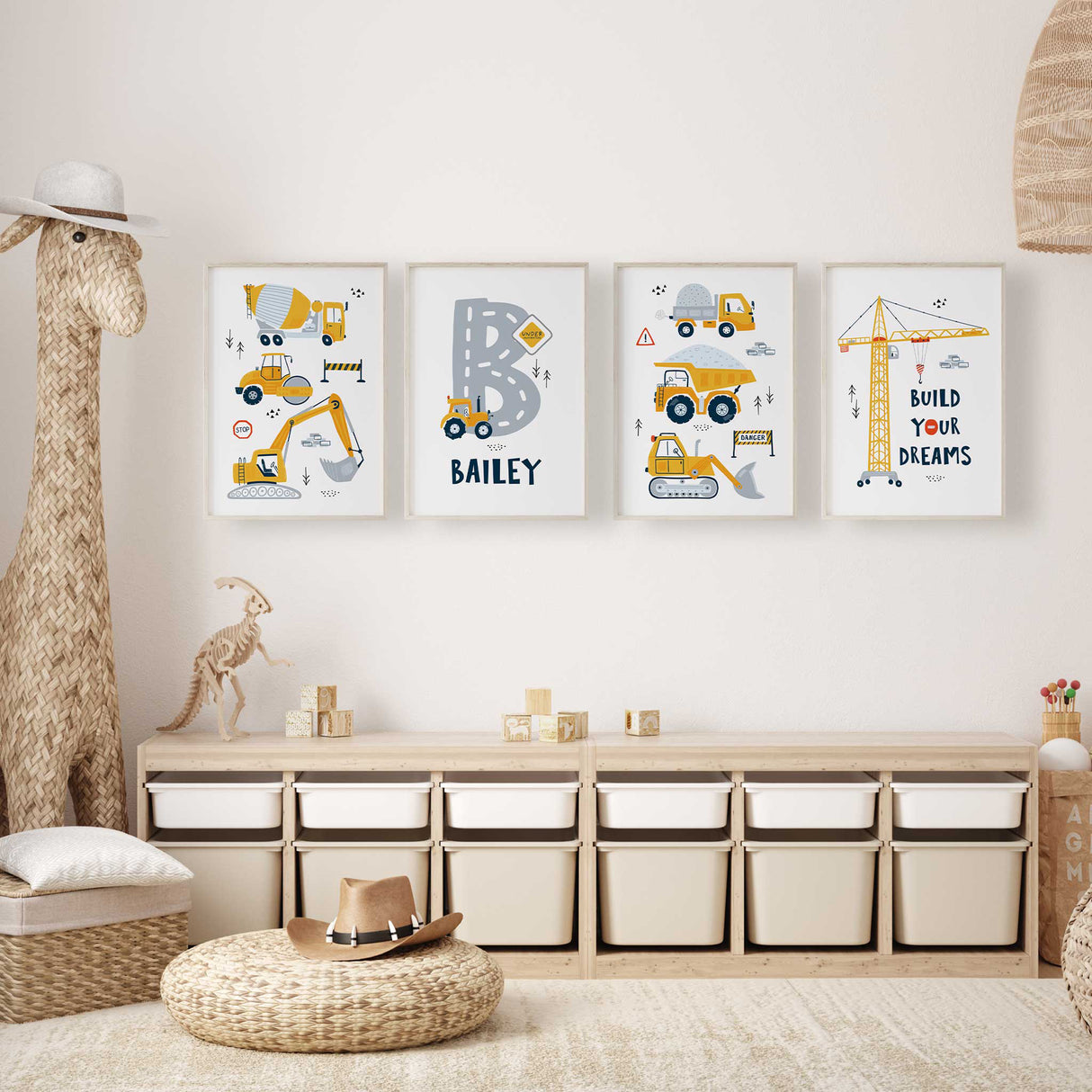 Excavator and crane nursery decor, inspiring creativity in little builders and truck lovers.