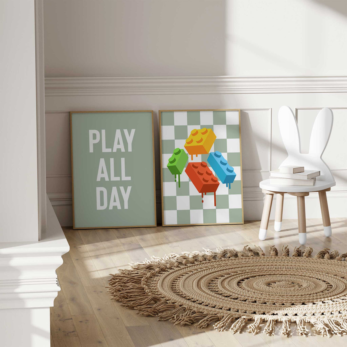 Artistic design featuring 'PLAY ALL DAY' in bold white letters with dripping paint from colorful LEGO bricks on a green and white checkerboard background.