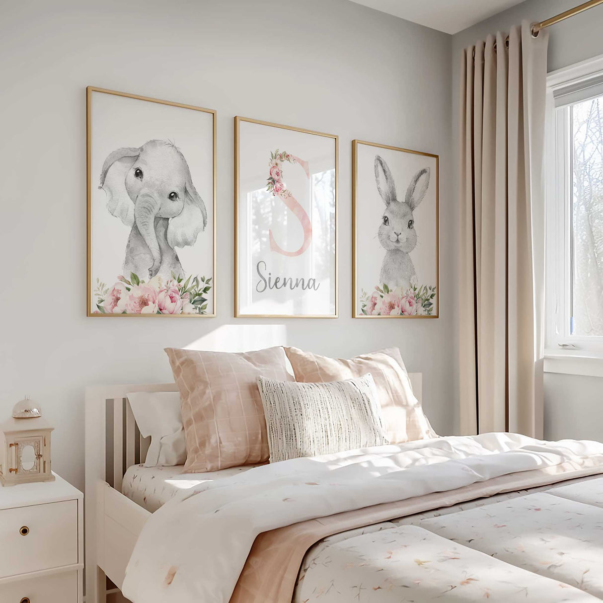 custom girls room decor featuring an elephant and rabbit within pink flowers