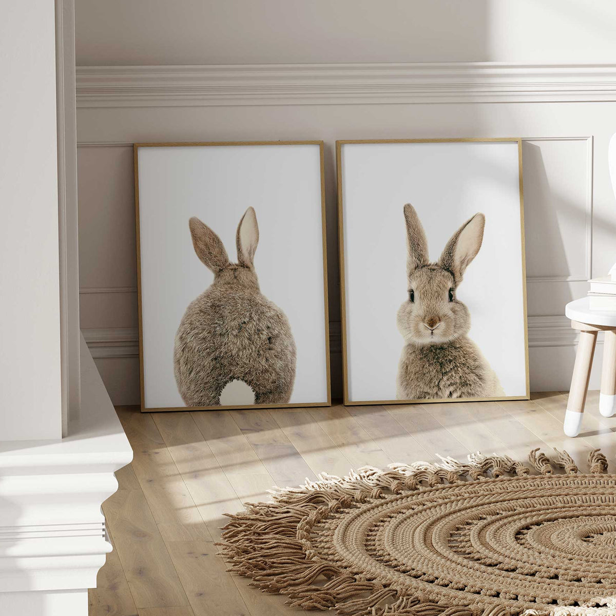 Set of two bunny prints showing front and back view for nursery decor