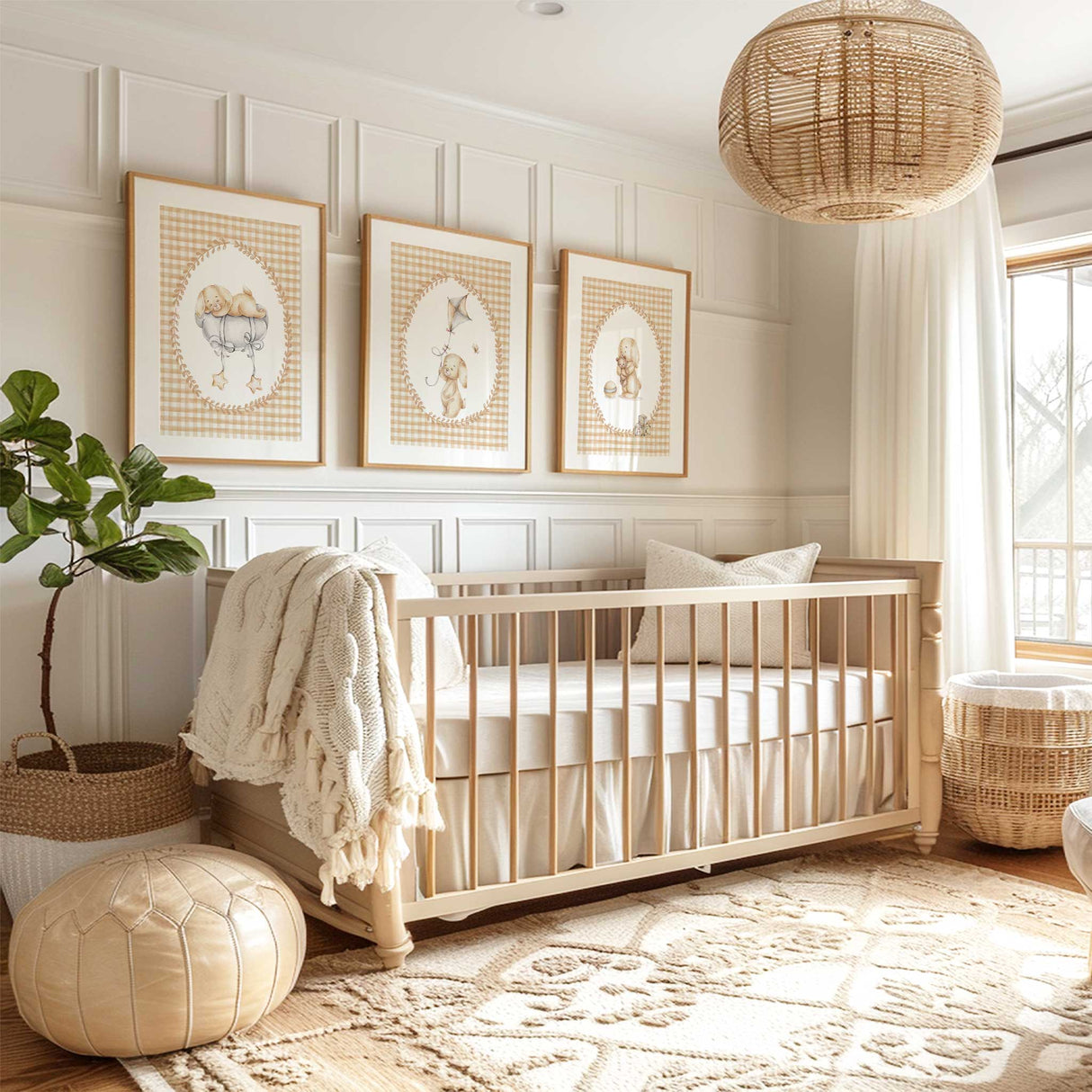 Neutral bunny nursery decor set for baby boy or girl room