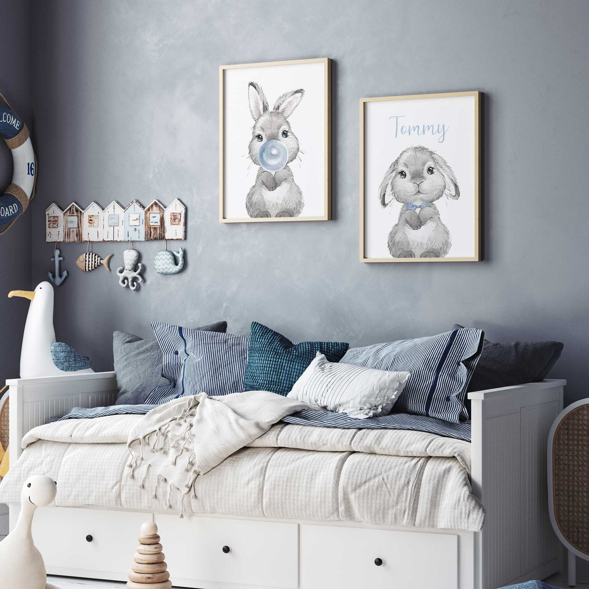 cute bunny nursery wall art set with blue tones for baby boy room