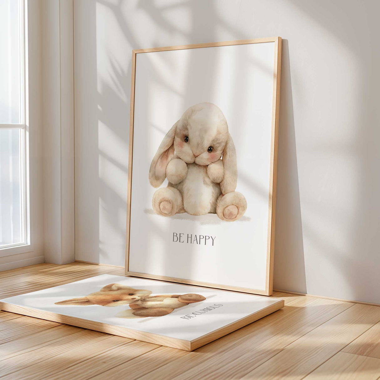 set of 6 nursery prints with a woodland theme. with a badger, owl, rabbit, bunny, deer, fox and olf. all cute plush like animals. suit nursery and kids bedroom