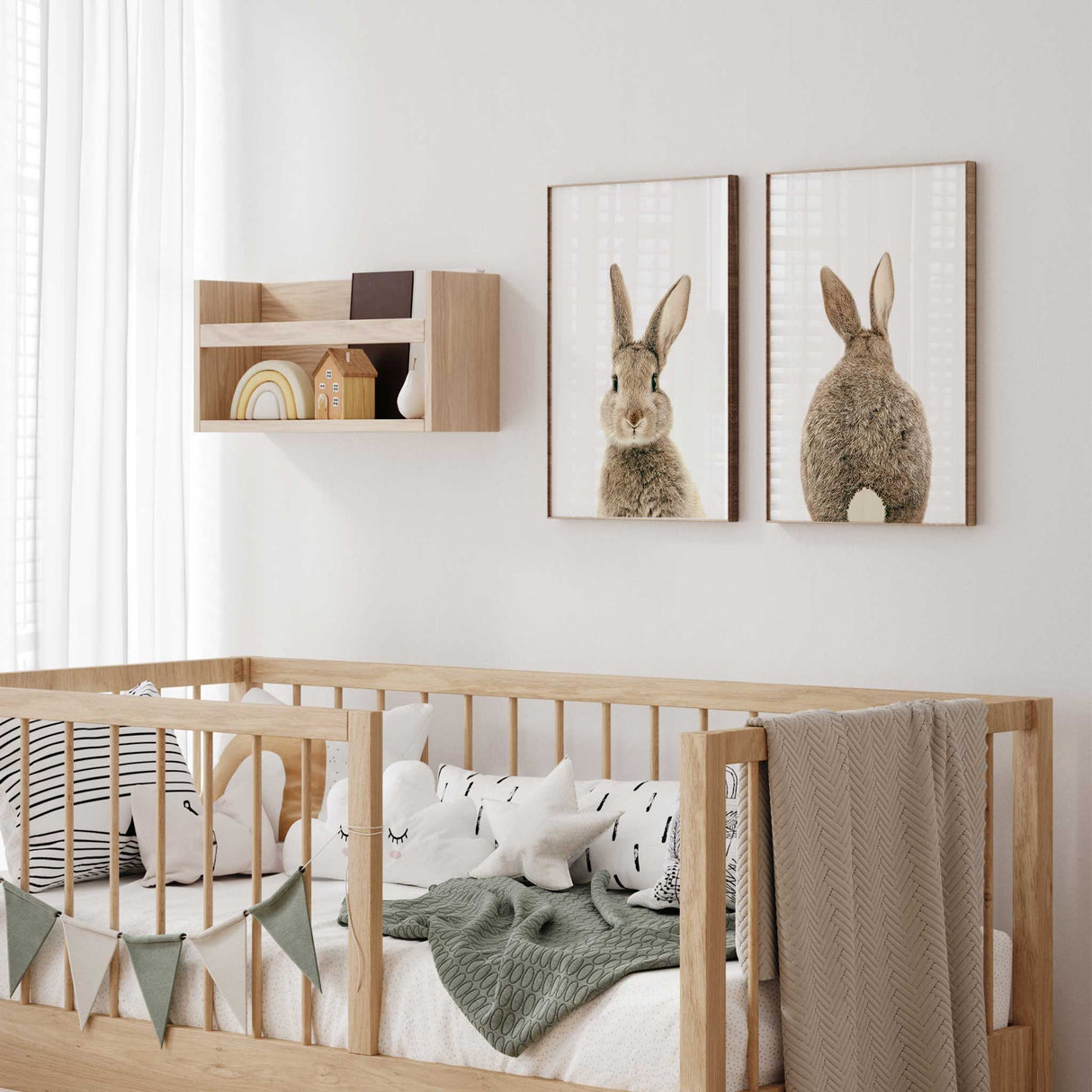 Set of two neutral bunny prints showing a close-up rabbit portrait and matching rear view with a fluffy tail