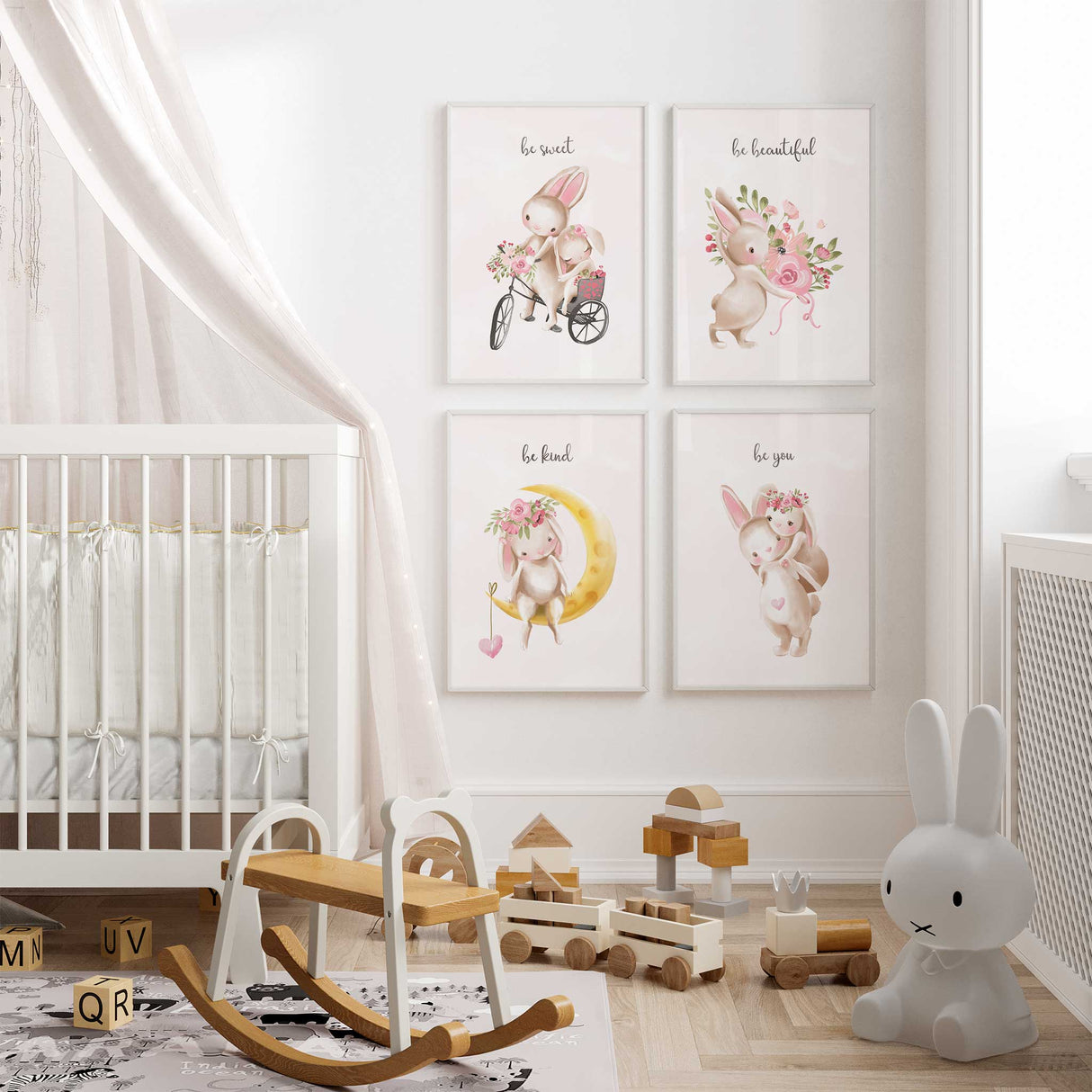 Whimsical rabbit themed wall prints for nurseries, featuring sweet messages and charming illustrations.