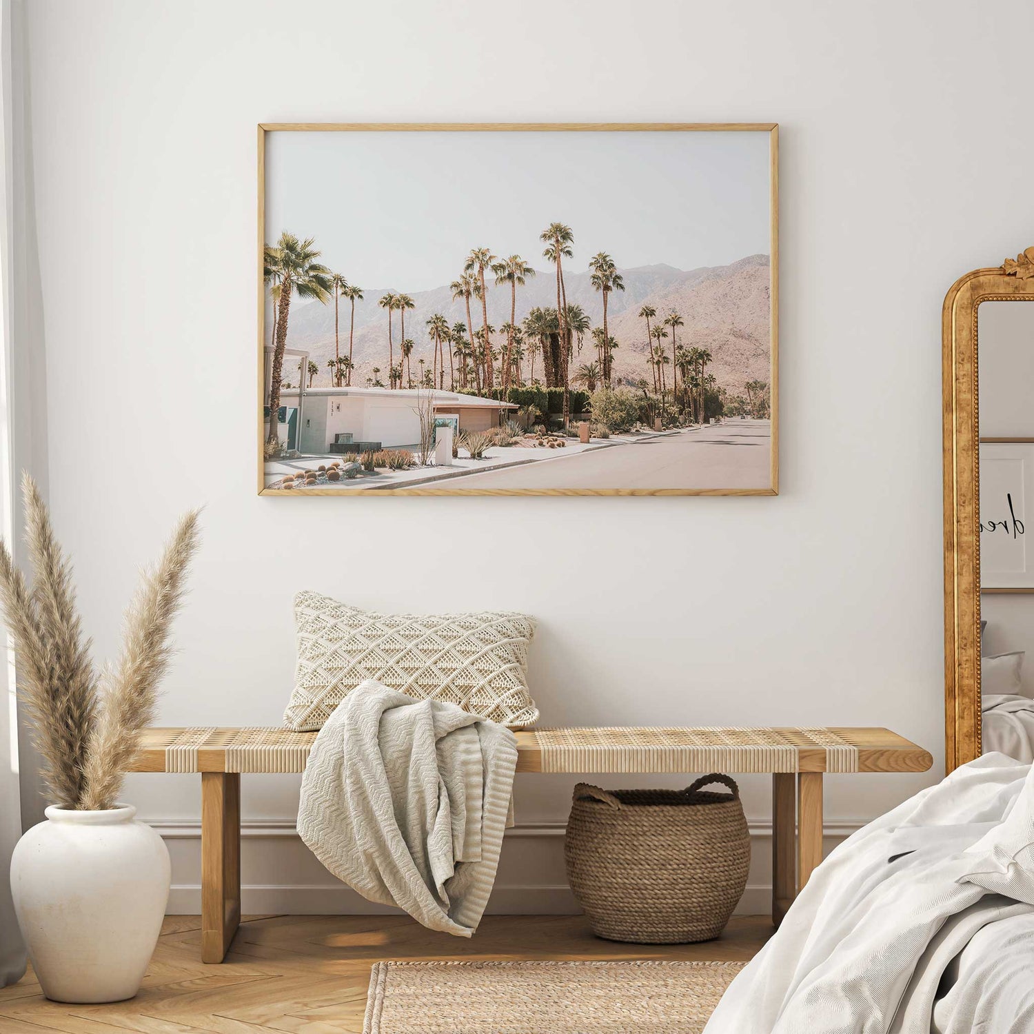 California desert wall art with palm trees and mountains in soft tones