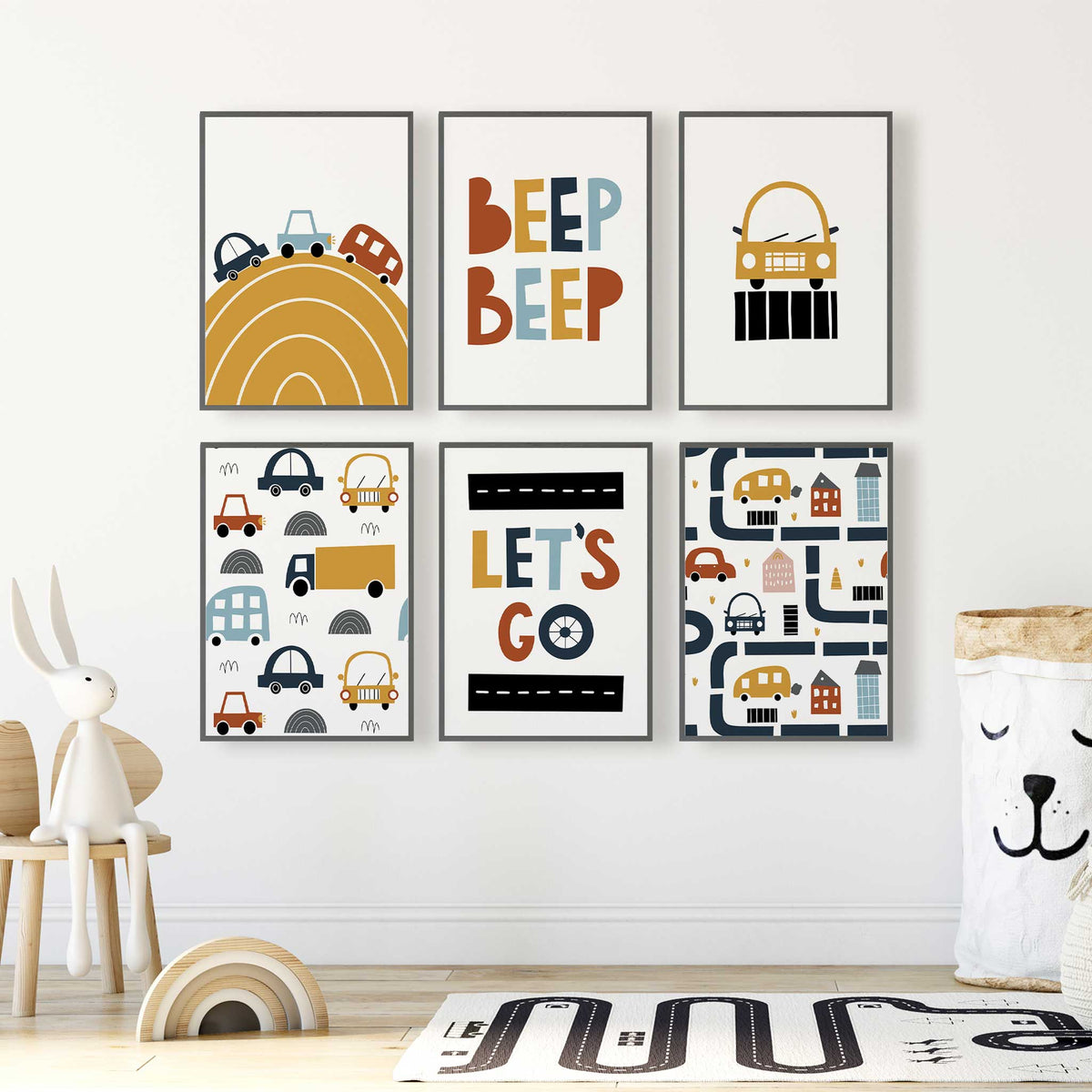 Car wall art set of six with Beep Beep and Let's Go designs, a mustard road, yellow car and two vehicle patterns