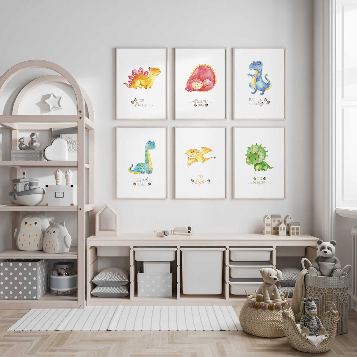 Six cartoon dinosaur prints on white backgrounds with positive phrases including Be brave, Be silly and Fly high.