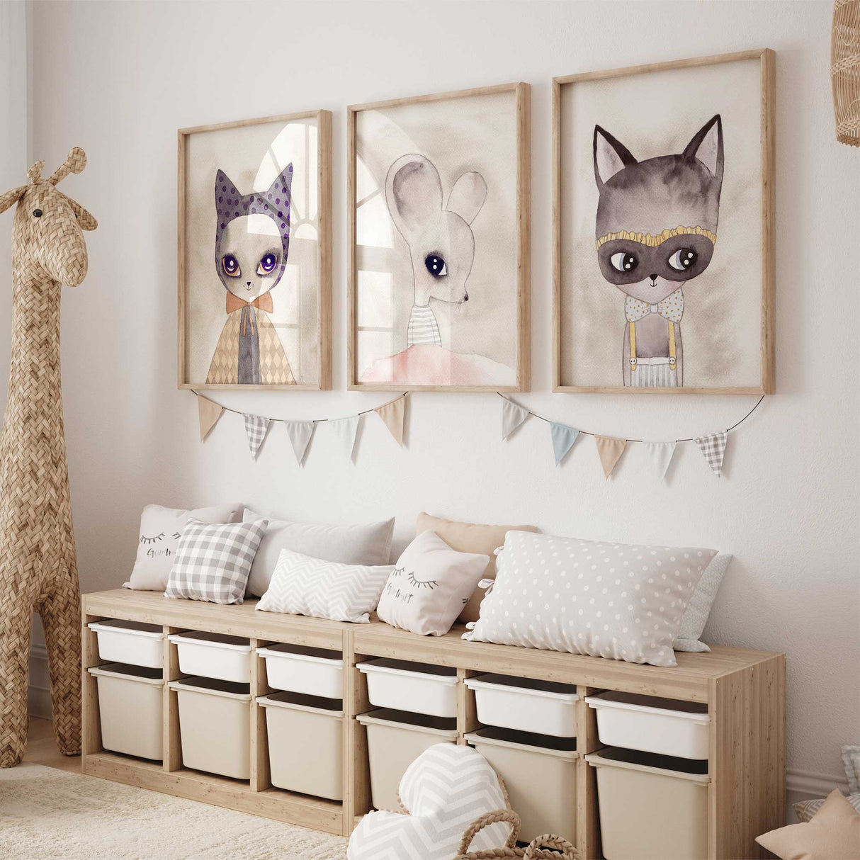 Cat and mouse watercolour wall art prints styled as girls’ nursery décor.