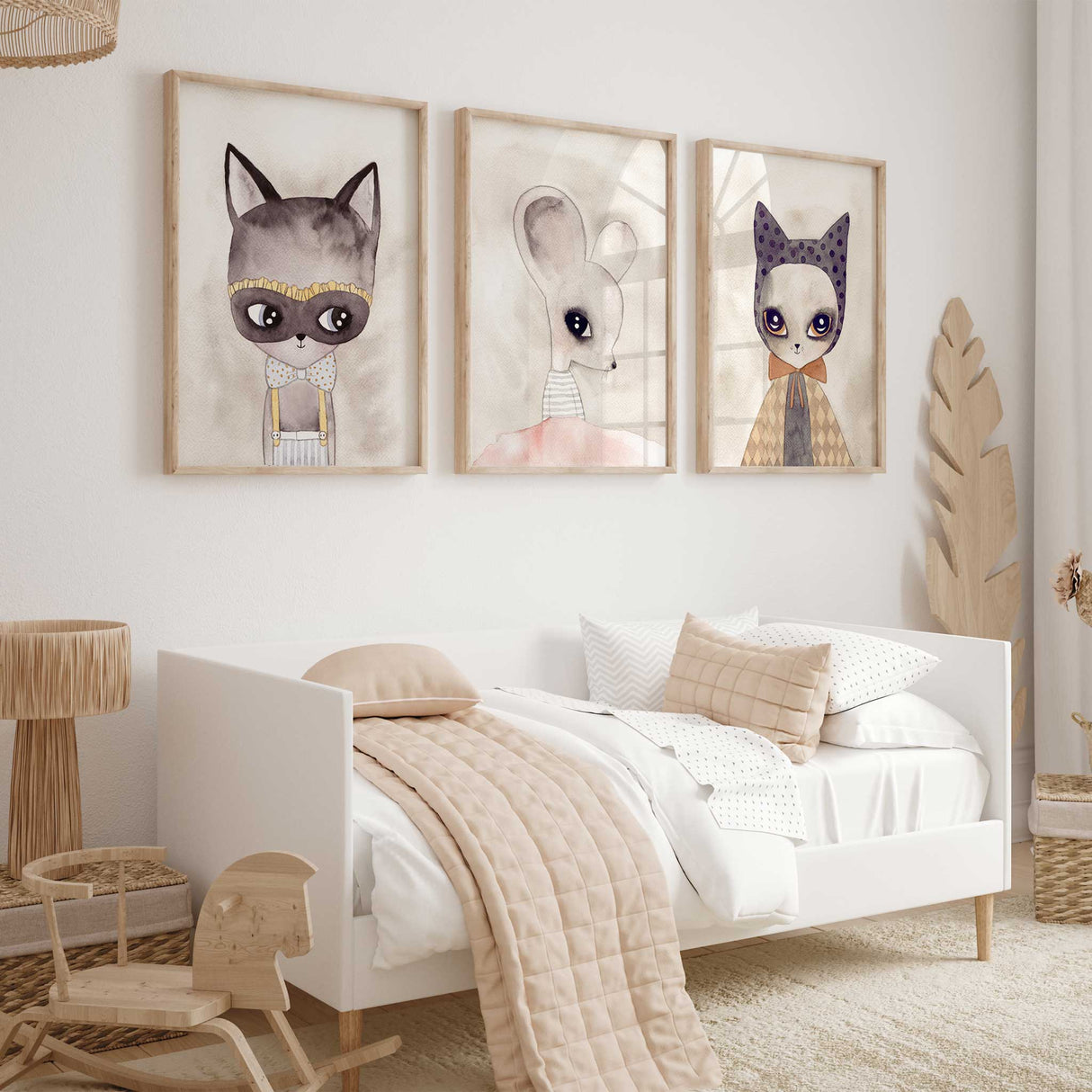 Set of 3 cat and mouse watercolour wall art prints for girls’ nursery or kids’ room décor.