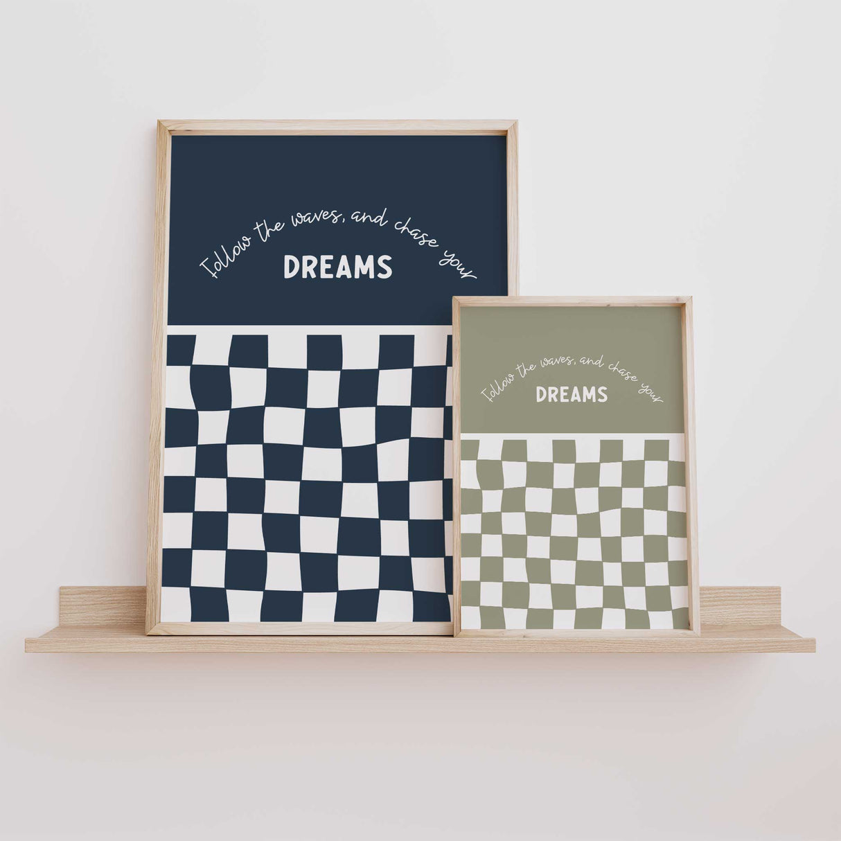 boys room wall art with checkerboard and motivational quote follow the waves and chase your dreams