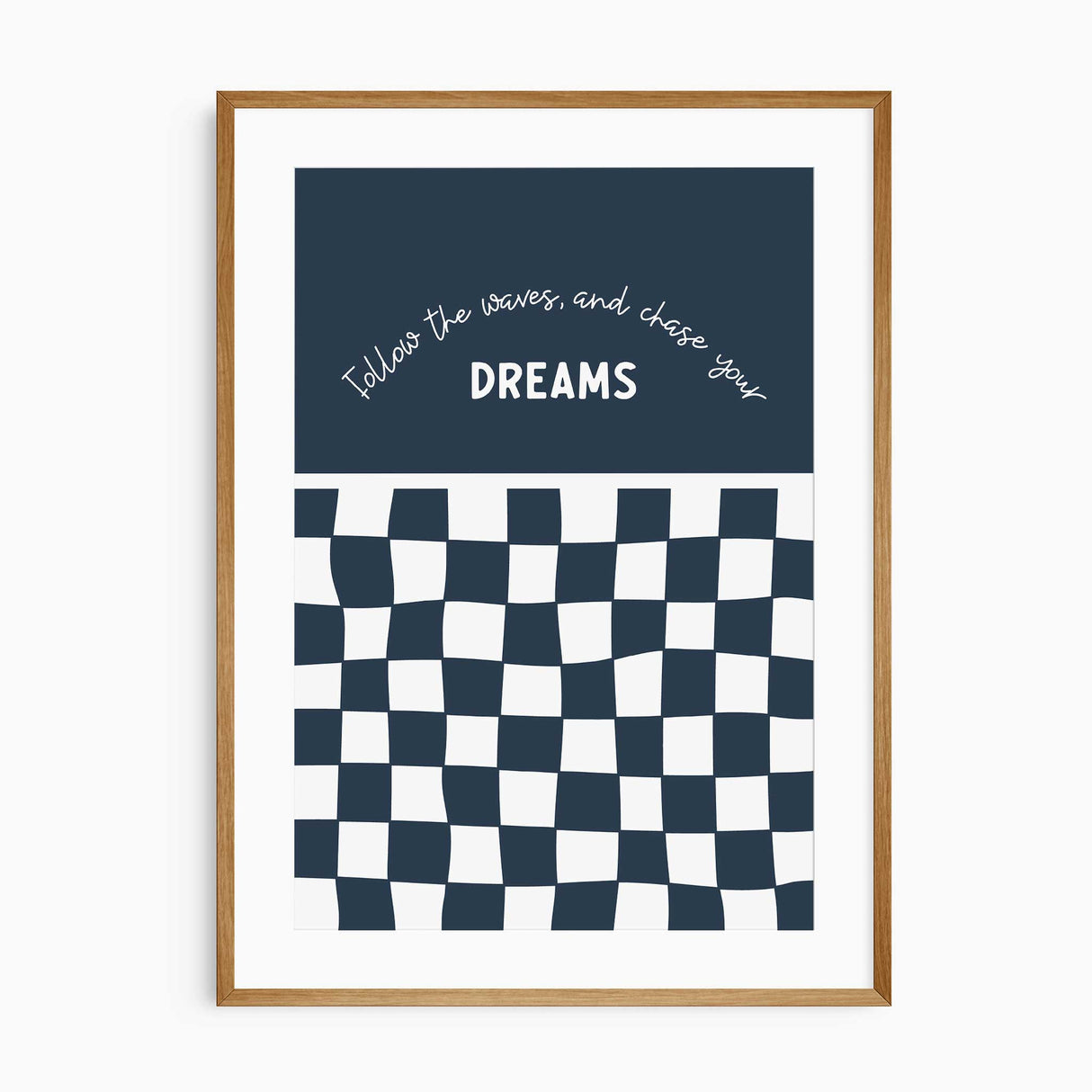 Kids room wall art with checkerboard and motivational quote “Follow the waves and chase your dreams”
