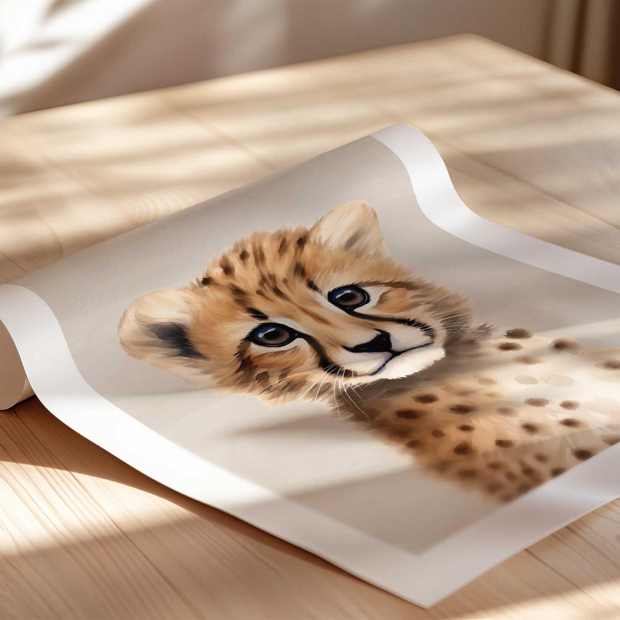Cheetah baby animal nursery print in neutral tones, modern Scandinavian kids wall art.