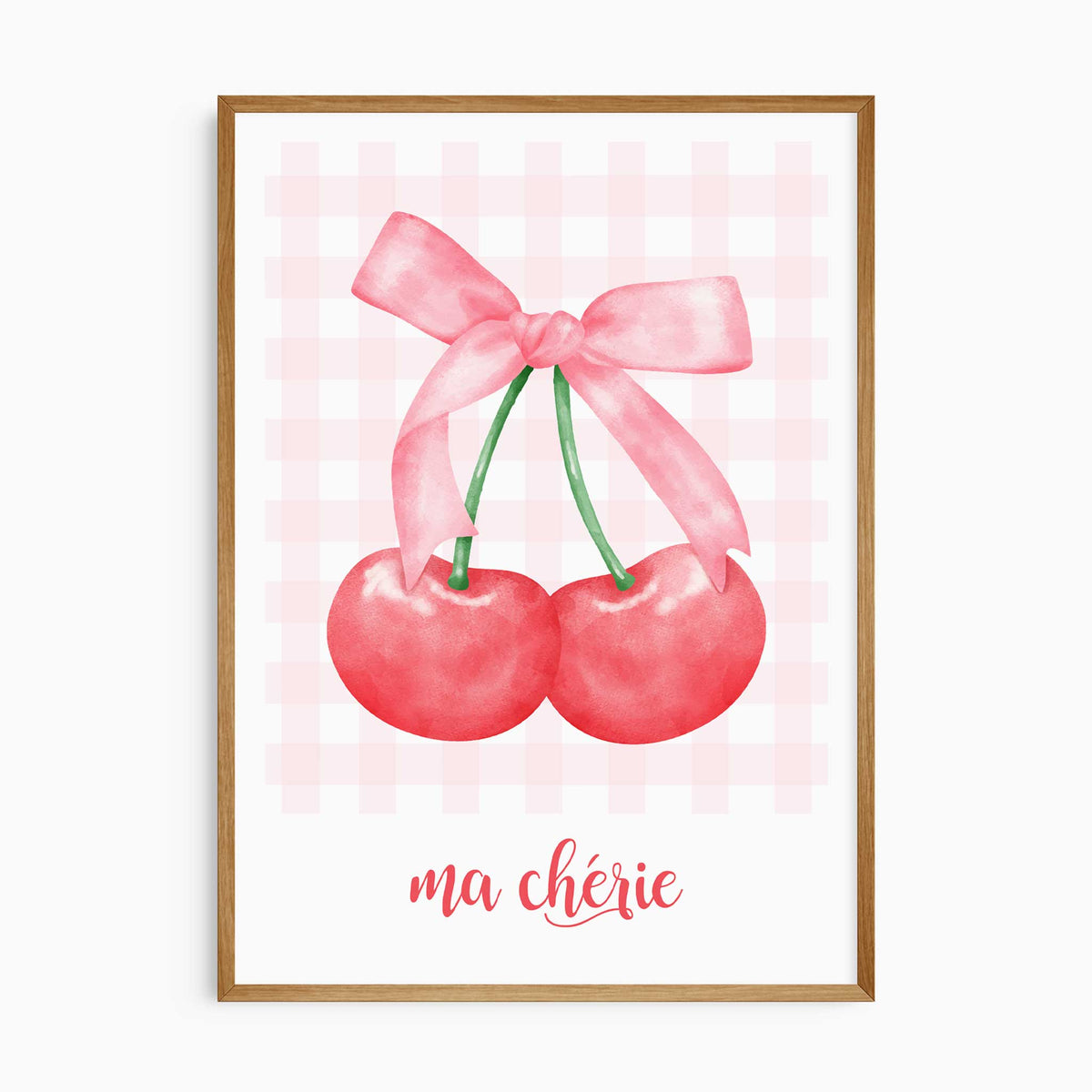 Cherry bow wall art featuring two red cherries tied with a pink ribbon, soft pink gingham background and ma chérie text.