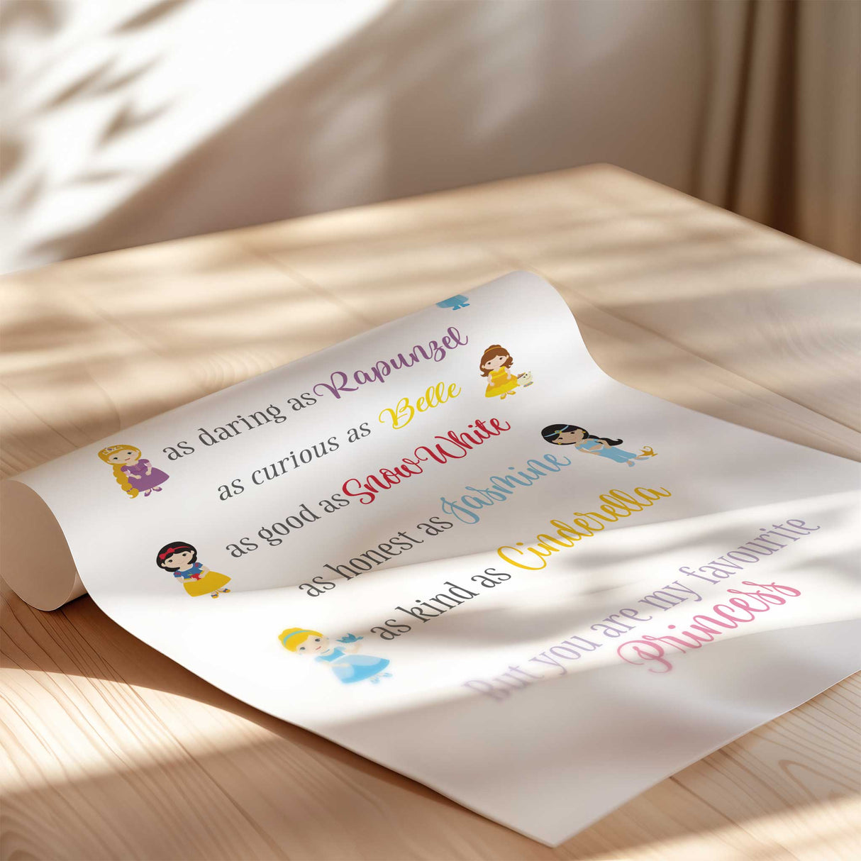 Personalised girls’s name wall print with charming princess illustrations