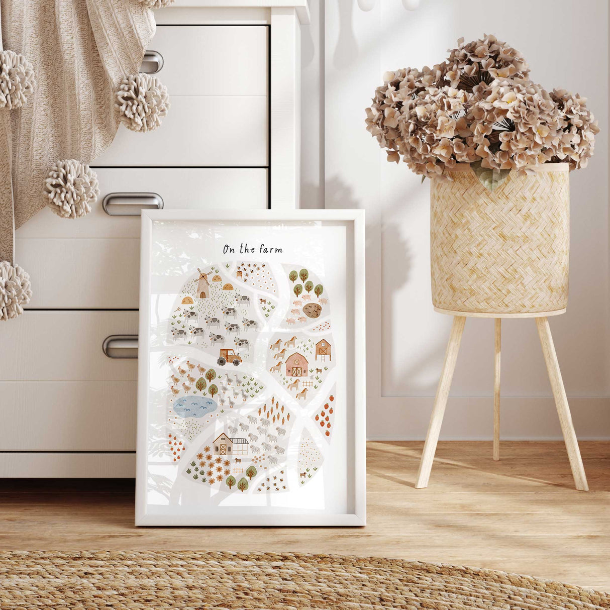 Educational children’s farm poster with animals, crops, and barnyard design for nursery or playroom decoration