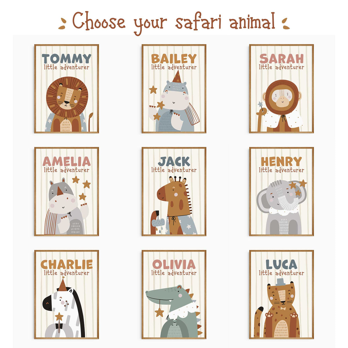 Nine personalised safari animal print choices including lion, giraffe, elephant, leopard, rhino, hippo, monkey, crocodile and zebra.
