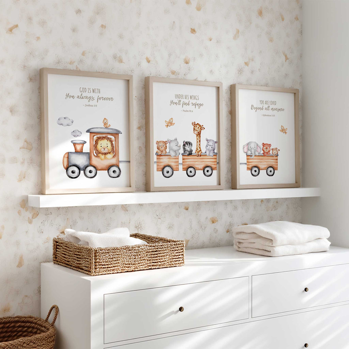Christian nursery wall art set featuring safari animals with Bible verses in soft neutral tones for baby room decor