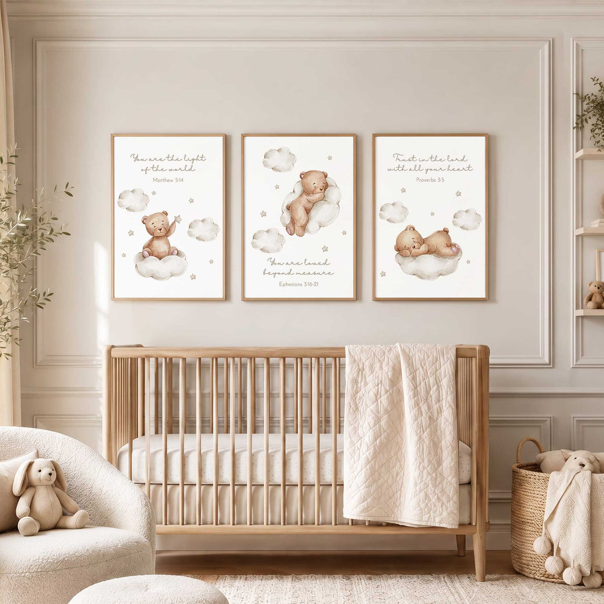 Set of three Christian nursery prints with watercolour teddy bears on clouds and comforting Bible verse messages