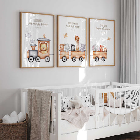 Christian safari animal nursery print set of 3 with Bible verses