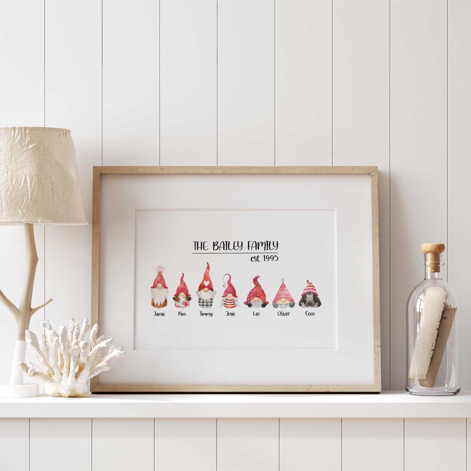Personalised Christmas gnome gonk artwork featuring family surname and established year.